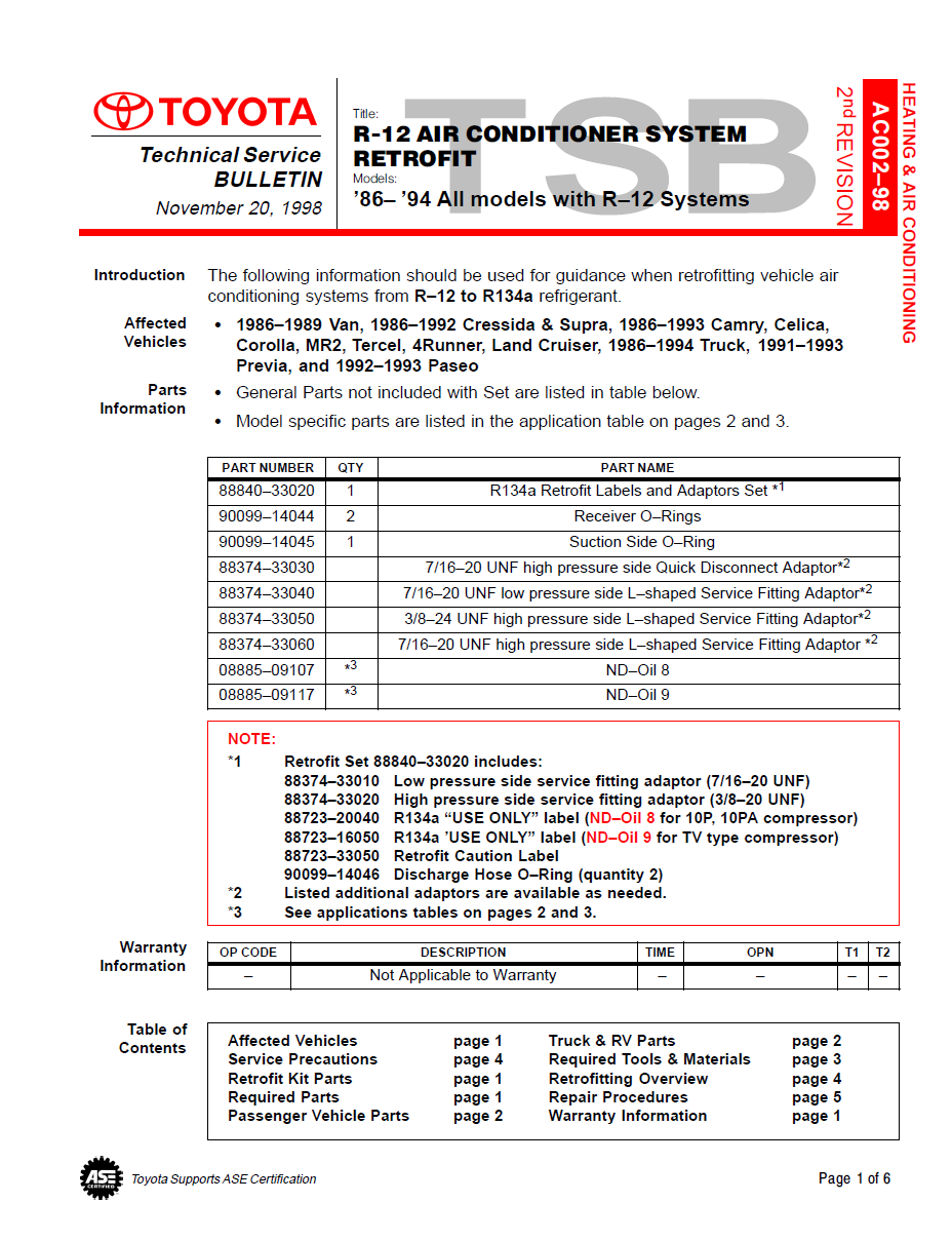 R-12 AIR CONDITIONER SYSTEM RETROFIT to R134A
