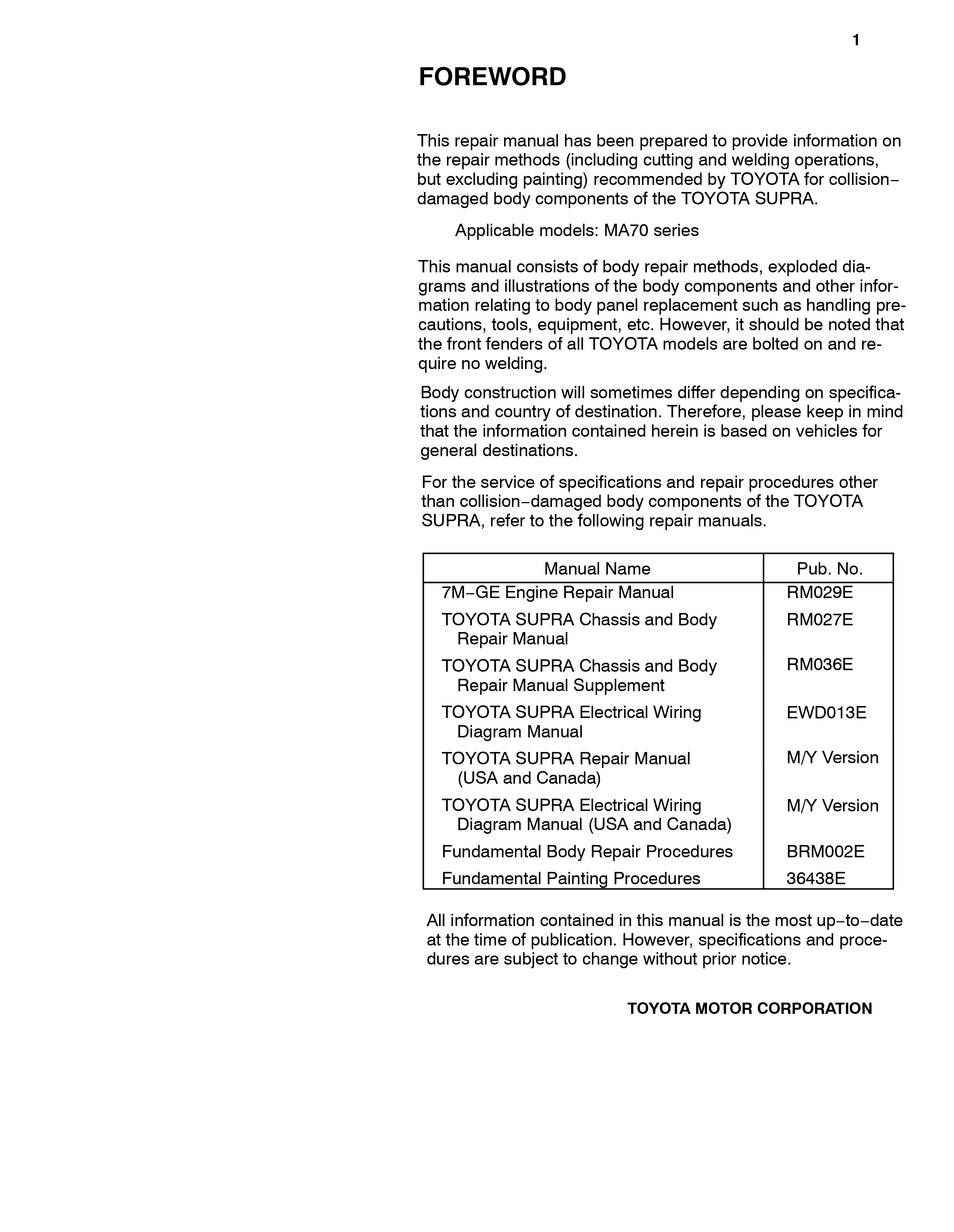 A70 Chassis Collision Repair Manual - Hardtop Supplement